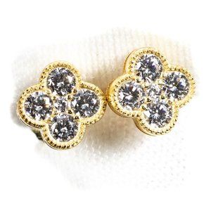Small Flower Clover Set Gold 925 Sterling Silver Iced Cz Cluster Stud Earrings